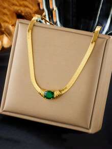 RAYQUEEN 1pc Fashionable Gold-Plated Stainless Steel Green Cubic Zirconia Necklace, Versatile, Suitable As Gift - necklace - View 1