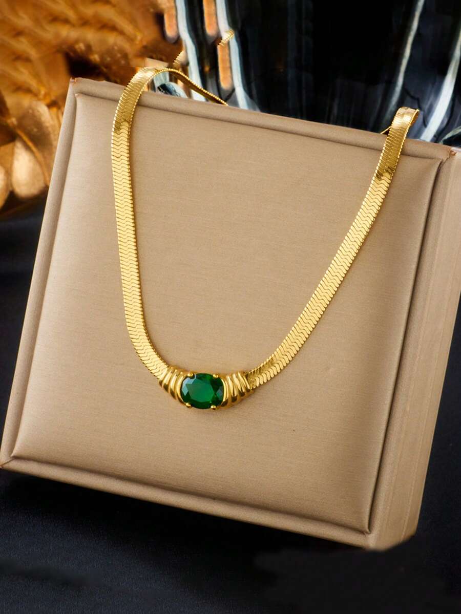 RAYQUEEN 1pc Fashionable Gold-Plated Stainless Steel Green Cubic Zirconia Necklace, Versatile, Suitable As Gift - necklace - View 1