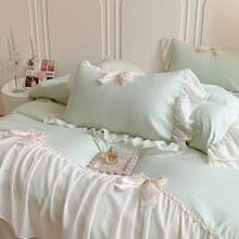 Aesthetic Girls Twin Comforter Cover Set, Romantic French Princess Style Ruffled Duvet Cover With Lovely Bow And Zipper Closure - Pink, Twin Size - Green - View 9