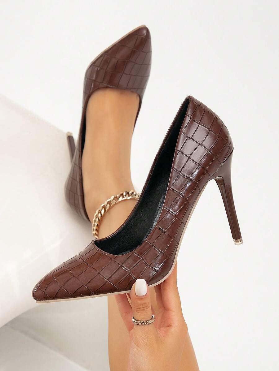 Women's New Brown High Heel Shoes, Simple & Versatile Solid Color Crocodile Pattern, Fashion & Sexy For Wedding, Party, Commute, Office, Closed Toe, Slip-On, Super High Stiletto Heel, Pointed Toe Pumps, Suitable For All Seasons - Brown - View 1
