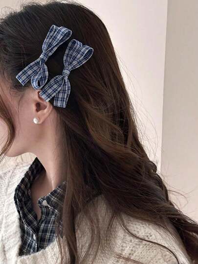 2pcs Women's Blue Plaid Bow Hair Clips, Ponytail Holders, New Duck Clip Bangs Clips, Cute Versatile Hair Accessories Suitable For Daily, Birthday Party, Gathering, Holiday, School, Back To School, Graduation Season, Cute Outfit Matching Hair Accessories, Women Hair Clips, Bangs Clips, Headbands