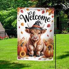 Welcome Fall Highland Cow Garden Flag 12x18 Double Sided Small Polyester Autumn Pumpkins Flowers Cows Yard Flag For Outside Outdoor Decoration# DOUYYY