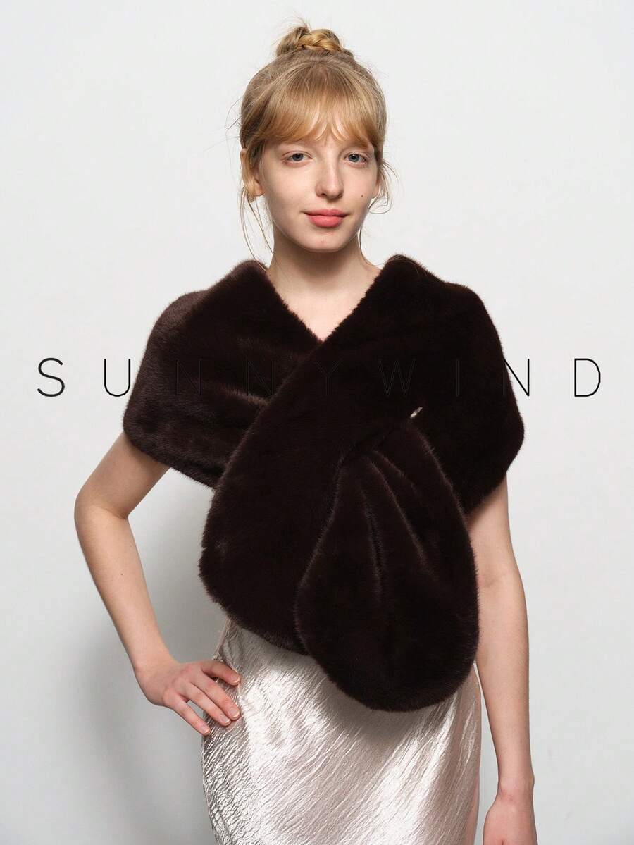 1pc Women's Solid Color Polyester Fashion Warm Faux Fur Shawl, Suitable For Bridal Evenings And Daily Use For Dress