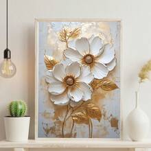 1 Peça, Pintura Pendurada em Tela, Pintura Decorativa Emoldurada, Pôster, Pintura a Óleo Floral Branca Elegante com Folhas Douradas - Decoração de Parede Abstrata Moderna para Sala de Estar, Quarto, Escritório, etc. - Pintura a Óleo Emoldurada em HD, Presente Perfeito para Halloween, Ação de Graças, Natal, Decoração de Ambiente, Corredor, Cafeteria, Biblioteca, Banheiro - Multicolorido - Visão 6