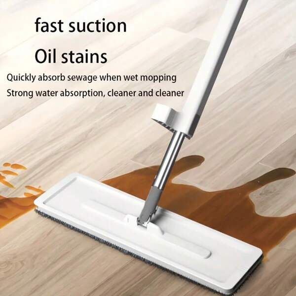 1 pieza Mopa plana de fibra ultrafina - Limpieza duradera y sin manos para cocina, baño, azulejos, pisos de madera dura - Diseño giratorio, eliminación eficiente del polvo - Blanco con almohadilla gris, herramienta de limpieza de pisos | Diseño de mopa giratorio | Mopa con mango de plástico