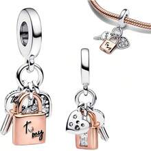 Jewelry Movie Heros Character Charms Women Bracelets And In 925 Sterling Silver,Mother's Day Birthday - 雙色鑰匙掛鎖心型三重吊飾 - 查看 8