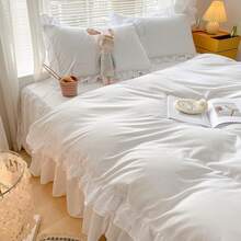 Chic Ruffle Lace Polyester Duvet Cover Set - Girl White Bedding - 2 Piece Twin Comforter Duvet Cover With Zipper Closure - Ultra Soft And Lightweight (White, Twin) - NO Comforter Included - 白色 - 查看 11