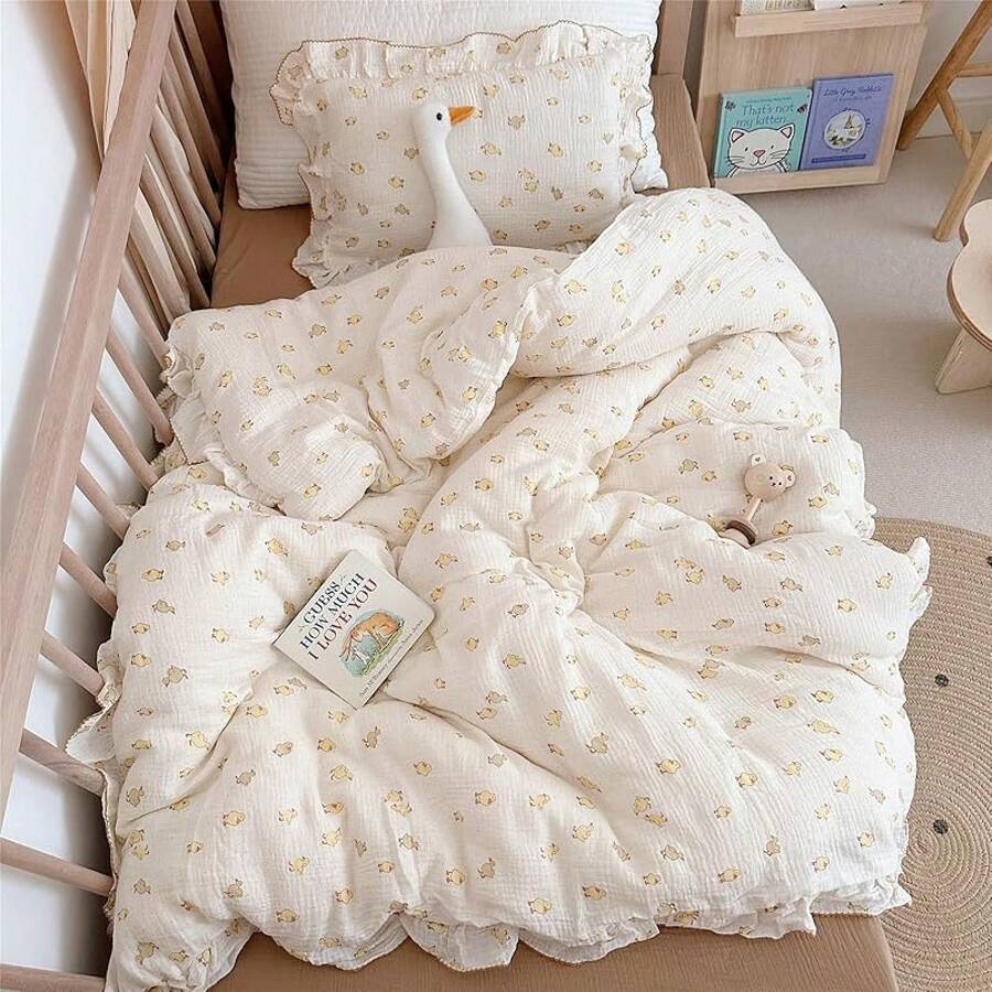 Muslin Duvet Cover With Ruffled Edges, 1 Piece Cotton Comforter Cover 47X59'', Pattern 2-Layer Gauze Bedding, No Quilt Or Pillowcases, Bedroom Essential - Yellow Duck - 查看 1
