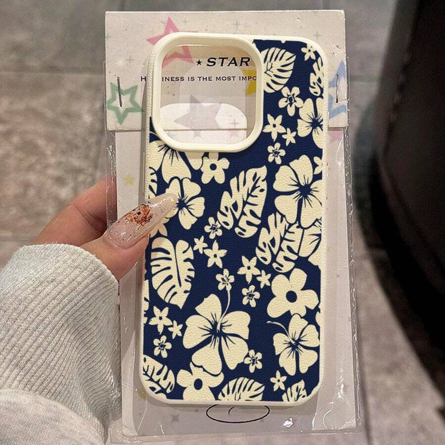 花卉图案单件装 TPU 材质简约蓝白花卉图案手机壳，兼容 17 Pro Max/17/16 Pro Max/15/13/12/11、S20 FE/A15/S24/A55 以及 Redmi Note 11/12/13 Pro，全包防摔软壳，国际版，非国内版 - 白色 - 查看 1