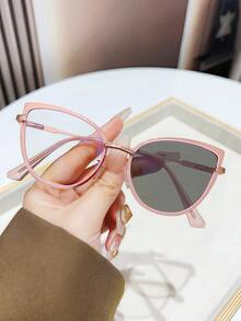 1pc Metal Cat Eye Frame Makeup-Free Gadget, Outdoor Light-Sensitive Photochromic Glasses, Indoor Computer Non-Prescription Glasses Myopia Fashionable Versatile Women Eyewear - Multicolor - View 14