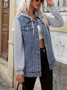 Veste en jean oversize en coton pour femmes grandes tailles, à capuche, mi-longue, décontractée pour le printemps - Bleu azur - Voir 6