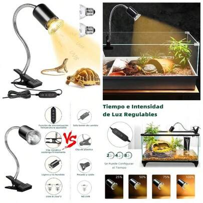 lampara para tortuga lampara UVB/UVA para tortugas Con interruptores de luz y temporizador ajustables Se puede girar 360 grados Con accesorios de clip Apto para tortugas y reptiles