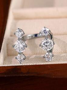 1 pieza Anillo de mujer de estilo simple y elegante con incrustación de circonita cúbica redonda abierta, regalo para compromiso, San Valentín, Navidad, de cobre