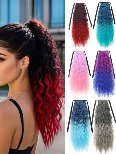 合成抽绳马尾波浪卷发紫色马尾接发带丝带领带彩色马尾接发渐变色散发适合女性万圣节使用