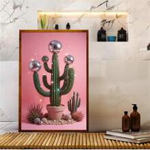 1 Pc Disco Cactus Wall Art, Sparkling Cactus Print, Unique Wall Decor, Pink Background Poster, Fun Plant Artwork, Eclectic Home Decor, Modern Minimalist Style Posters, Living Room And Room Decoration, Bathroom Decoration, Ideal Gift, No Frame - Multicolor - View 2