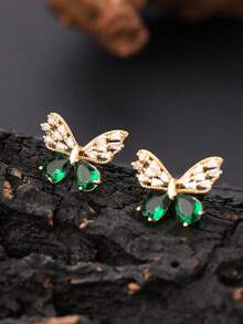 1 Set Schmetterling Halskette Anhänger, Damen Halskette Ohrringe Set, Damen Fingerring Set, grüne Ohrringe, Choker, vollständiges Diamant Design, eingelegt mit super glänzendem kubischen Zirkonia, Edelstahl Halskette, Alltagsmode, Geschenk für Freundin, Halloween Schmuck, Weihnachtsgeschenk Auswahl