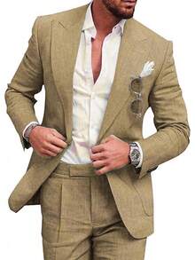 Costumes For Men New Men's Plus Size Two-Piece Suit Set Single-Button Linen Solid Color Suit - 卡其 - 查看 8