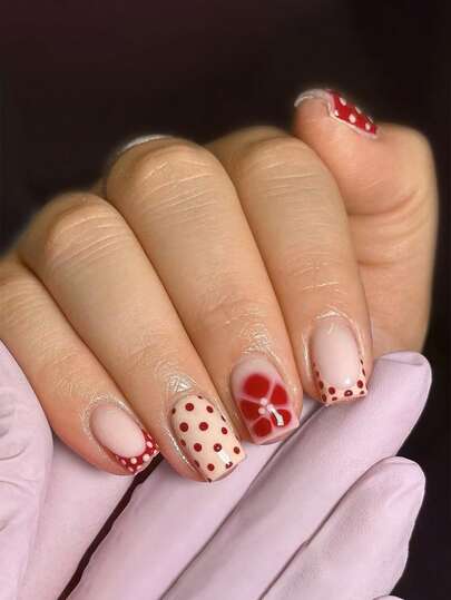24pcs Glossy Square Nail Tips, Polka Dot Floral Design, Sweet & Gentle, Suitable For Autumn/Winter, French Style