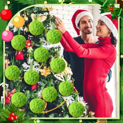 Conjunto de 12 peças de decoração de Natal para interiores do Grinch, bolas peludas verdes do Grinch de 6 cm, enfeites de Natal pendurados
