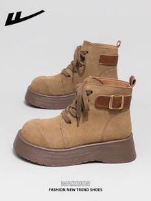 WARRIOR 1 Pair Women's Thick Sole Boots, 2025 Autumn New Arrival, Thick Sole Fashionable Short Boots, Outdoor Wear, Retro British Style Khaki Short Boots