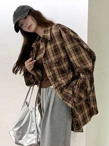 女式格子纽扣前口袋休闲居家旅行长袖衬衫，春秋季 - 棕色 - 查看 7