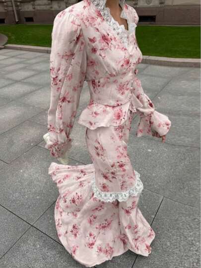 Women's Elegant Floral Lace Ruffle Trim 2 Pieces Set, Suitable For Daily Wear, Weddings, Galas, Independence Day