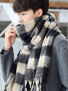 1pc 2025 Autumn/Winter New Grid Simple Thickened Warm Scarf, Warm And Cold Proof Soft Sticky Couple Scarf Shawl, Winter High End Grid Versatile Tassel Scarf, Suitable For Men And Women