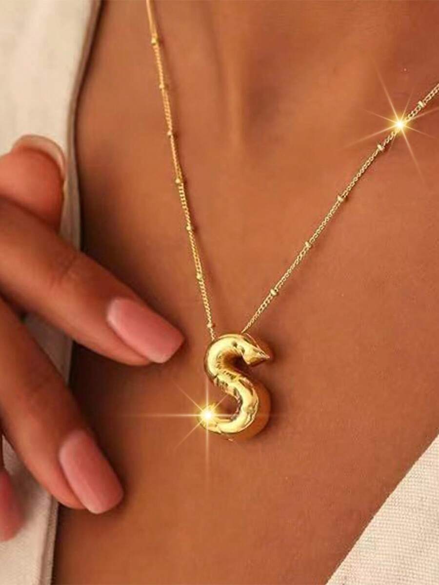 Couple's Gold Bubble Letter Initial Pendant Necklace - 26 Letters Fashion Matching Daily Jewelry For Men Women