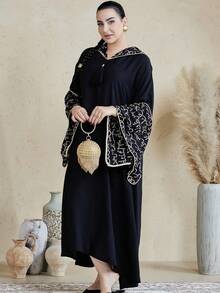 Elegant Embroidered 2025 Autumn/Winter Arabic Women's Dress, JALABIA With Slit And Kimono Sleeves, Hooded, Fashionable Luxurious Embroidered Kaftan Robe - Black - View 9