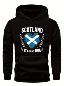 Sudadera de Patrón de Corazón de ADN de Bandera Escocesa para Hombre Talla Grande - Eslogan Escocia es Mi ADN, Rojo Brillante, Suéter Casual Suelto, Lavable a Máquina, Tela No Elástica, Estilo de Moda Urbana, Material Duradero, Talla Grande - Negro - Ver 1