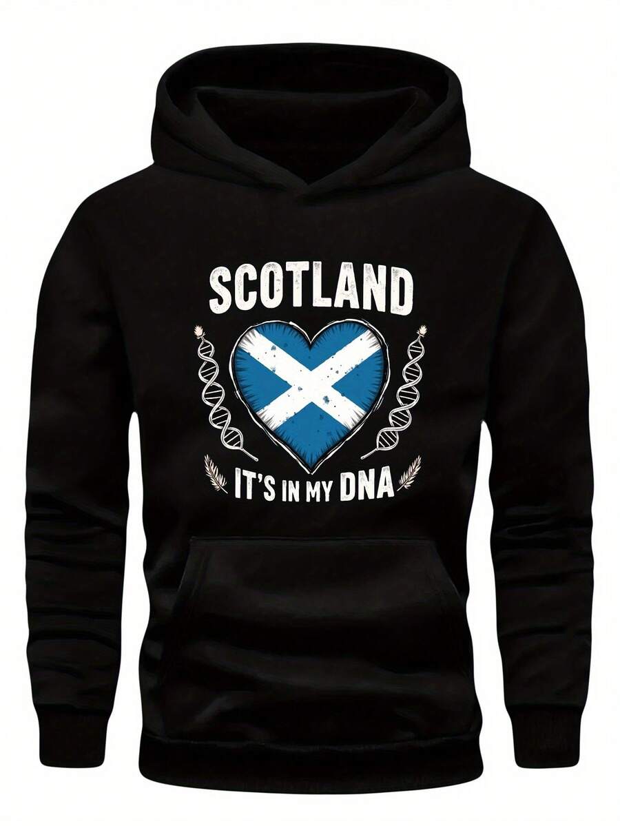 Sudadera de Patrón de Corazón de ADN de Bandera Escocesa para Hombre Talla Grande - Eslogan Escocia es Mi ADN, Rojo Brillante, Suéter Casual Suelto, Lavable a Máquina, Tela No Elástica, Estilo de Moda Urbana, Material Duradero, Talla Grande - Negro - Ver 1