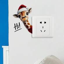 Pegatinas de interruptor de luz de jirafa de Navidad - Diseño festivo de gorro de Papá Noel, calcomanías de pared de plástico autoadhesivas para dormitorio y sala de estar, decoración navideña divertida, regalo de Navidad perfecto, decoración navideña de jirafa, decoración de sala de estar, diseño juguetón, fácil aplicación, decoraciones navideñas, lo mejor para Navidad, perfecto para la decoración de Acción de Gracias