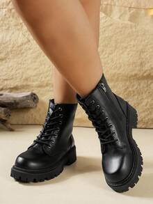 2025秋冬季加宽女鞋、厚底鞋、宽鞋头女鞋、时尚百搭休闲女鞋、侧拉链女鞋、青少年学生鞋、学生靴、休闲踝靴、宽楦毛绒靴 - 黑色 - 查看 4