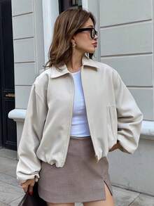 Chaqueta con bolsillo con cremallera para mujer en beige - Chaqueta informal de corte holgado con solapa para primavera/otoño - Beis - Ver 1