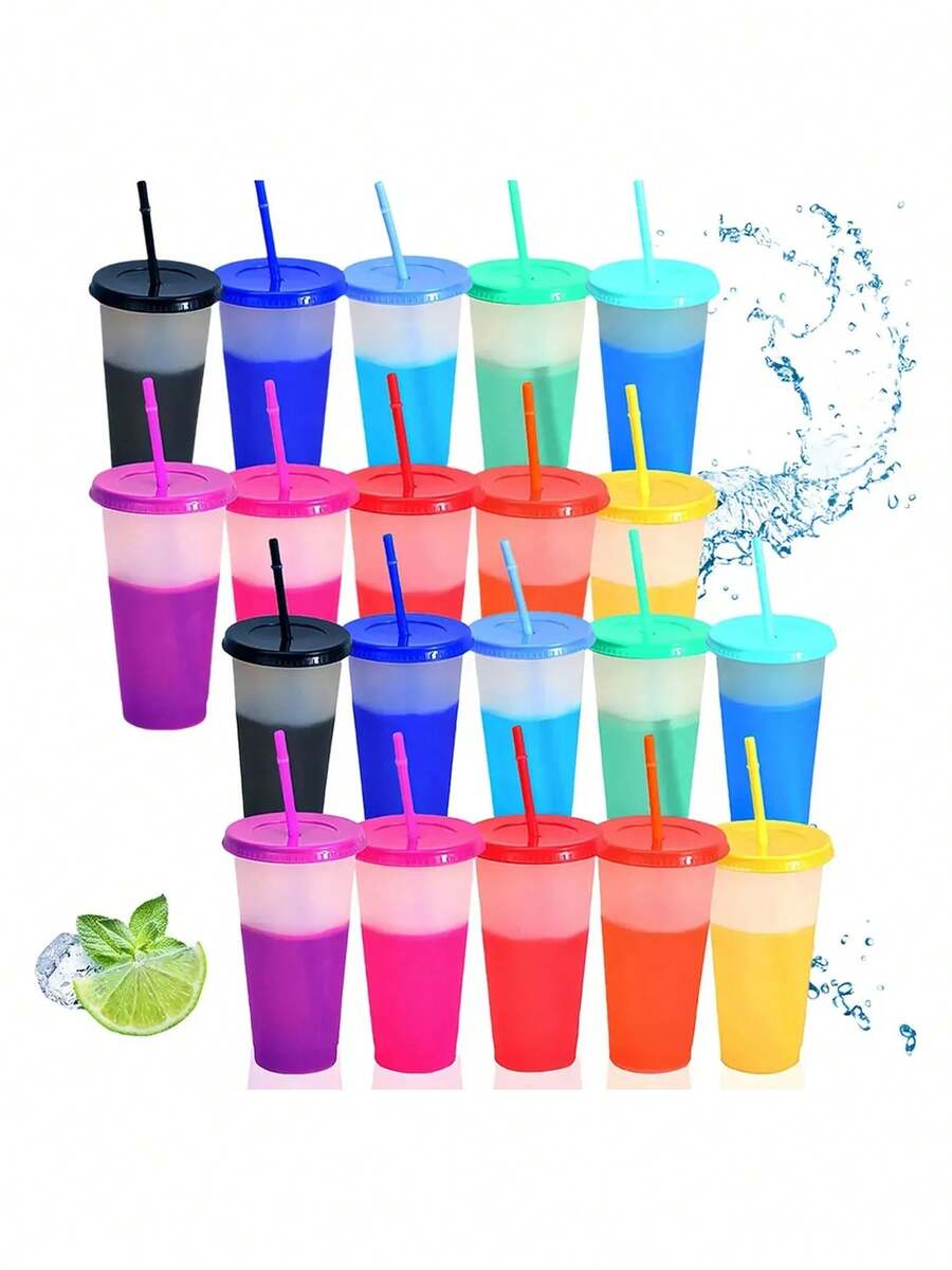 Vasos magicos cambian de color con tapa popote 710 ml paquete 20 piezas vaso reutilizable con tapa y popote efecto termico cambia color ideal para fiestas regalos infantiles eventos promocionales - Multicolor - Ver 1