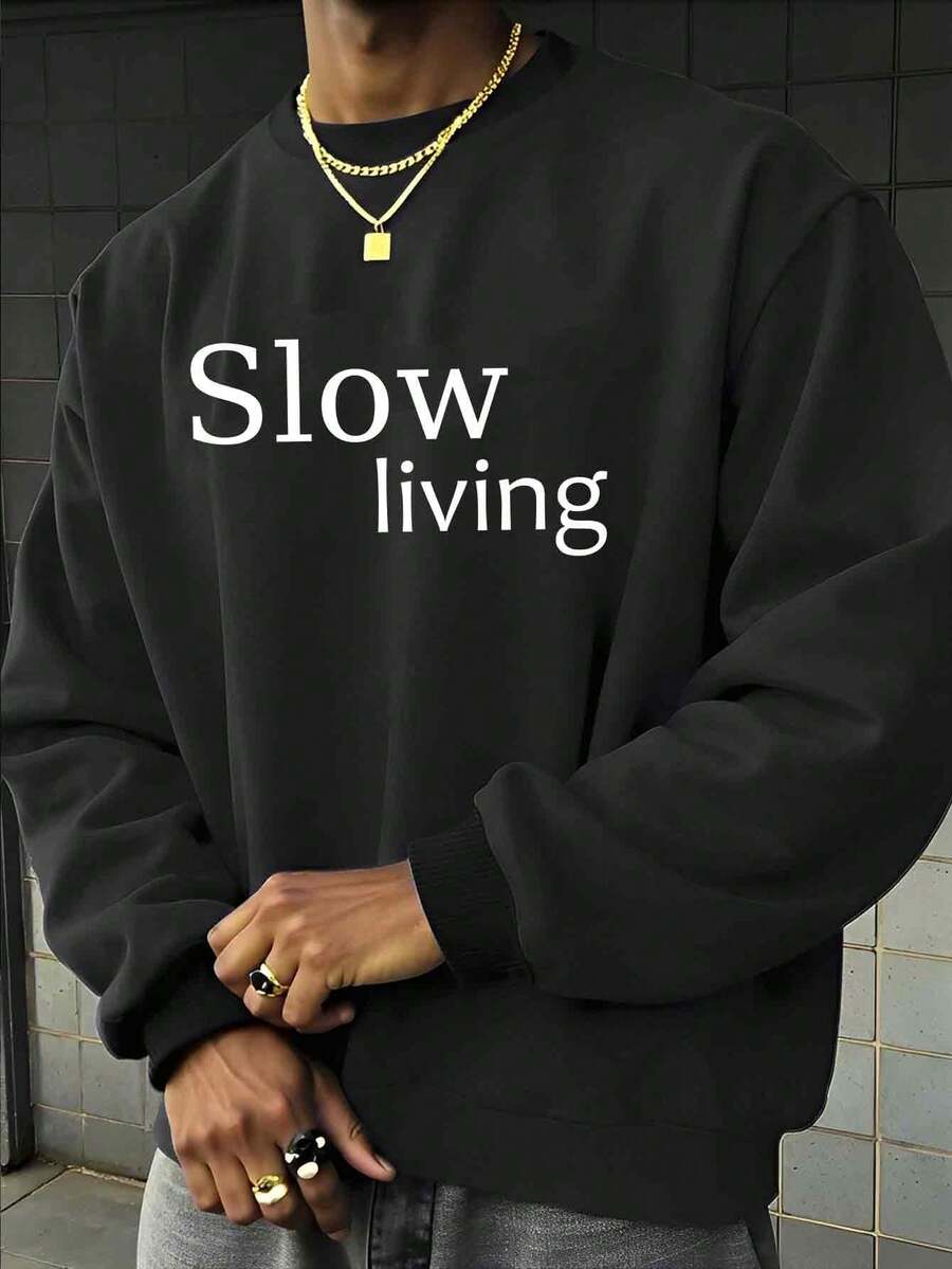 Slow Living   Print Pullover Sweatshirt For Men Casual Modern Comfortable Streetwear Fashion Top Soft Fabric Relaxed Fit  Graphic Design Long Sleeve Crewneck - màu đen - Xem 1