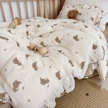 Muslin Duvet Cover With Ruffled Edges, 1 Piece Cotton Comforter Cover 47X59'', Pattern 2-Layer Gauze Bedding, No Quilt Or Pillowcases, Bedroom Essential - 蜜蜂和熊 - 查看 9