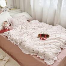 Muslin Duvet Cover With Ruffled Edges, 1 Piece Cotton Comforter Cover 47X59'', Pattern 2-Layer Gauze Bedding, No Quilt Or Pillowcases, Bedroom Essential - 櫻桃 - 查看 6