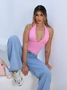 Women's Bodysuit, Plunging Neckline, Polyamide, Halter Neck, Multi-Shape – Elegant Blogger Fashion - Baby Pink - View 4