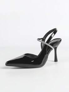 Scarpin Preto Feminino de Bico Fino com Tira de Strass, Salto Alto Minimalista, Personalidade, Casual, Estilo Francês, Moda Elegante e Versátil - Preto - Visão 6