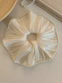1 pieza Scrunchie de perlas de unicolor negro/beige de alta calidad de 18 cm/7.08 pulgadas (esta es la longitud máxima del área desplegada), estilo elegante y retro de palacio, adecuado para decoración diaria, coleta, maquillaje, baño, viajes, escuela, fiesta, vacaciones y regalo para mujeres