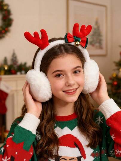 Girl's Christmas Reindeer Antler Ear Warmers - Elegant Folding Earmuffs, Needed Cold Weather For Winter, Parties, Photos - Festive Holiday Gifts For Girl, Outdoor Warmth Essentials, Playful Design, Soft Textured Fabric, Comfortable Fit