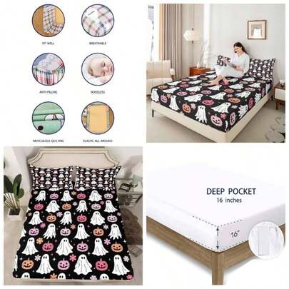 Kawaii Ghost - Sbana bajera ajustable para nios, tamao individual, diseo de margaritas de dibujos animados, diseo gtico, 2 piezas, decoracin de recmara para nios y nias, con temtica de