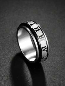 1pc Men's Stainless Steel Roman Numeral Rotating Ring - Black - View 6
