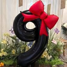 2个/套 40英寸黑色数字造型铝箔气球，带哑光蝴蝶结装饰，适用于生日派对、婚礼、户外活动、周年纪念、节日、感恩节、丰收季、情人节、圣诞节、派对庆典氛围营造和背景装饰 - 黑色 - 查看 6