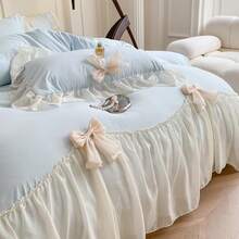Aesthetic Girls Twin Comforter Cover Set, Romantic French Princess Style Ruffled Duvet Cover With Lovely Bow And Zipper Closure - Pink, Twin Size - 藍色 - 查看 9