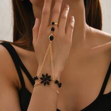 Fashion Flower Ring Integrated Bracelet Black Gemstone Lotus Interlocking Jewelry - 黑色 - 查看 1