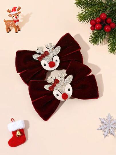 2 peças laços de cabelo vermelho vinho natalino para meninas laço de rena com glitter clipes de jacaré elegantes grampos de cabelo de veludo adoráveis grampos de cabelo de rena de Natal grampos de cabelo fofos doces e quentes acessórios de cabelo para adolescentes
