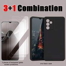 1+3 Combination, Including 1 Black Phone Case And 3 Pieces Of Phone Screen Protective Film. It Is Suitable For Sams Ung Phones With Tempered Glass Film, Sams Ung Phone Case. Phone Case, Phone Protective Cover