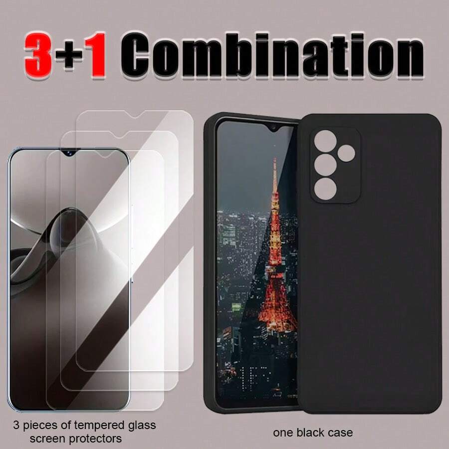 1+3 Combination, Including 1 Black Phone Case And 3 Pieces Of Phone Screen Protective Film. It Is Suitable For Sams Ung Phones With Tempered Glass Film, Sams Ung Phone Case. Phone Case, Phone Protective Cover